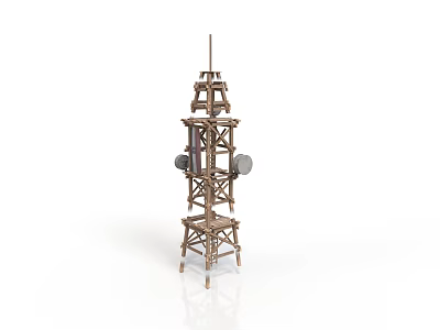 Tall Wooden Communication Tower With Antennas And Metal Equipment Structure 3d model