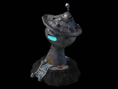 Cartoon Scene Tower with Metal Top Blue Glowing Window Wood Door Stone Stairs Mossy Base 3d model