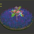 Detailed Game Character Mechanical Robot On Green Grass Circular Platform With Metal Structure And Cables