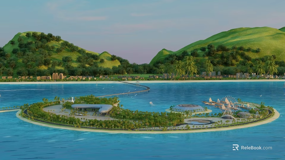 Aerial Planning of Scenic Island Resort with Waterfront and Mountain Landscaping 3d model 