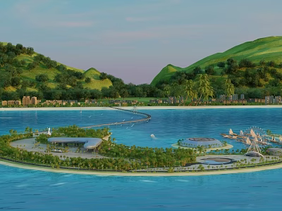 Aerial Planning of Scenic Island Resort with Waterfront and Mountain Landscaping 3d model