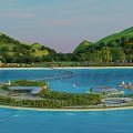 Aerial Planning of Scenic Island Resort with Waterfront and Mountain Landscaping