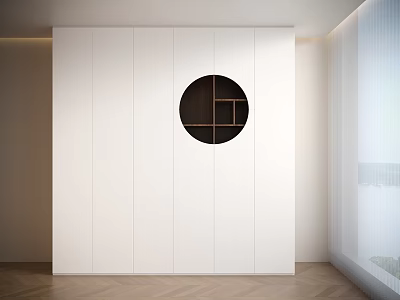 Modern Minimalist Bookcase With White Panel Design And Round Open Compartment Wooden Shelves Interior 3d model