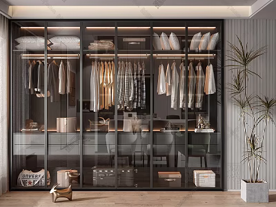 Modern Glass Door Wardrobe Interior With Hanging Clothes And Storage Solutions 3d model