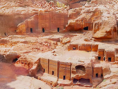 Ancient Rock-Cut Ruins In Red Rock Cliffs Historical Site With Cave Structures 3d model