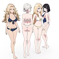 Anime Style Women in Bikini Outfits with Different Hairstyles and Poses