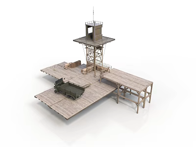 Modern Military Watchtower Structure With Wooden Platform And Green Vehicle Design 3d model