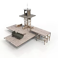 Modern Military Watchtower Structure With Wooden Platform And Green Vehicle Design