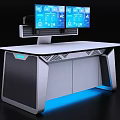 Modern Office Desk With Dual Monitors Blue Digital Screens And Blue LED Lighting