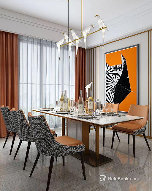 Modern Restaurant Interior With Marble Dining Table Patterned Chairs And Orange Curtains 3d model