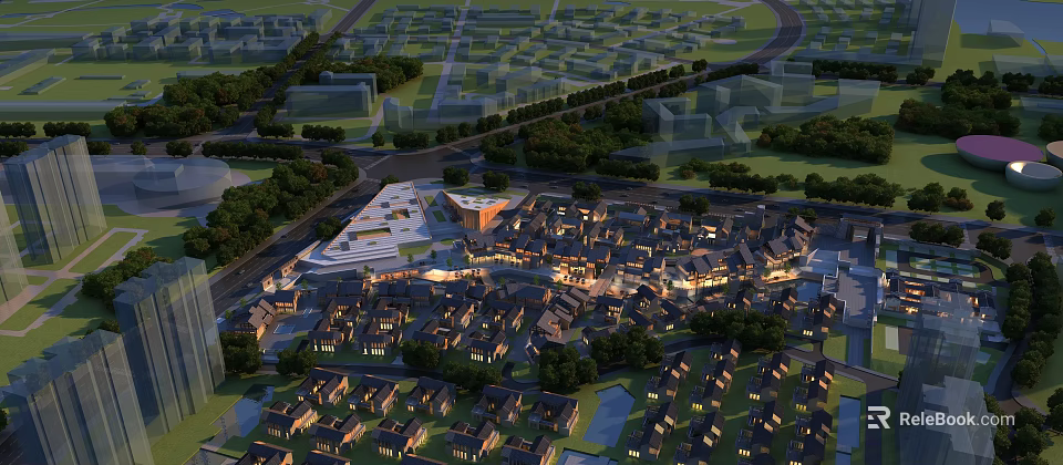 Aerial Urban Planning View With Residential Buildings Green Spaces Roads And Lighting 3d model 