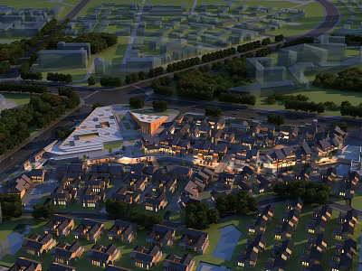 Aerial Urban Planning View With Residential Buildings Green Spaces Roads And Lighting 3d model