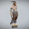 Fantasy Horned Mythical Creature With Brown Blue White Decorative Armor And Leather Clothing