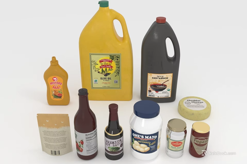 Various Food Condiments Including Mustard Soy Sauce Ketchup Hot Sauce Salt And Cheese Jars 3d model 