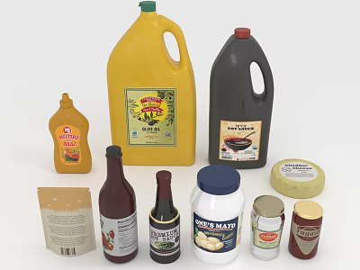 Various Food Condiments Including Mustard Soy Sauce Ketchup Hot Sauce Salt And Cheese Jars 3d model