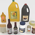 Various Food Condiments Including Mustard Soy Sauce Ketchup Hot Sauce Salt And Cheese Jars