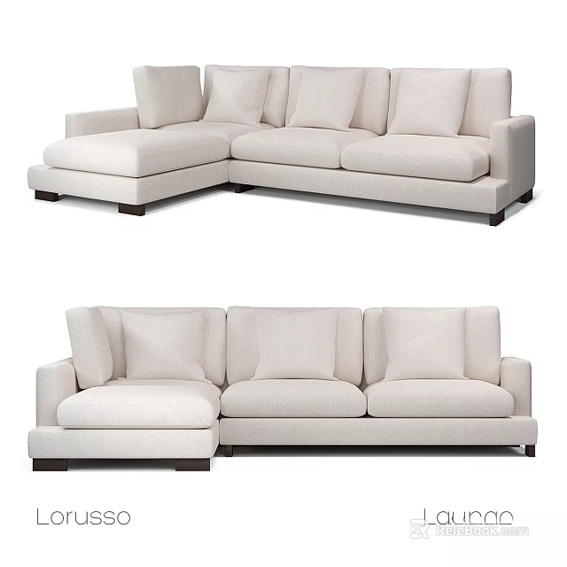 Modern Cream White L Shaped Double Sofa With Multiple Cushions And Dark Legs 3d model