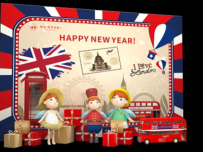 Happy New Year London Themed Scene With British Flag Red Telephone Booth And Bus 3d model
