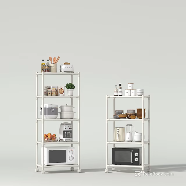 Organized Dinnerware Set with Various Kitchen Items on White Storage Shelves and Microwave 3d model 