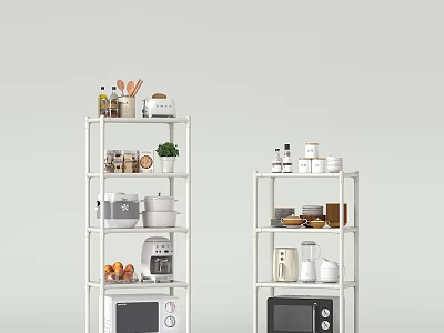 Organized Dinnerware Set with Various Kitchen Items on White Storage Shelves and Microwave 3d model