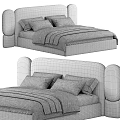 Modern Upholstered Double Bed With Curved Headboard Beige Fabric And Soft Pillows Throw Blanket
