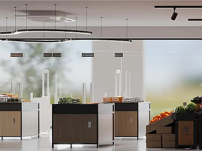 Cafeteria Food Display Area With Fresh Fruits Wooden Counters And Modern Lighting 3d model