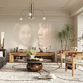 Elegant Living Room Design With Chandelier Leather Sofa Projection Green Plant And Wooden Coffee Table