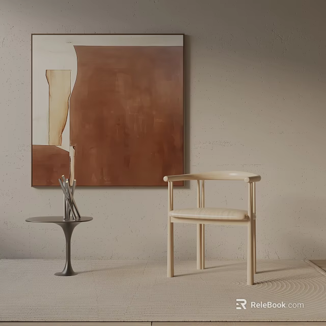 Light Wooden Leisure Chair With Side Table And Abstract Painting In Modern Minimalist Interior 3d model 
