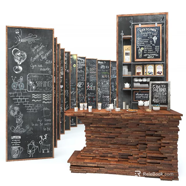 Café Interior with Chalkboard Menus Wooden Bar Counter Coffee Cups and Hand Drawn Art 3d model 