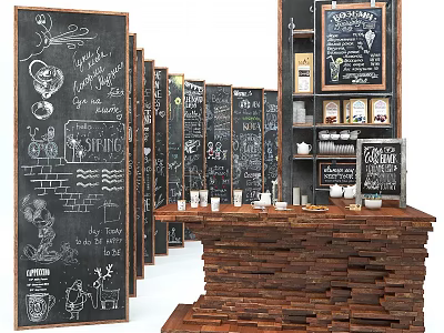 Café Interior with Chalkboard Menus Wooden Bar Counter Coffee Cups and Hand Drawn Art 3d model