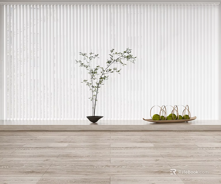 White Vertical Stripe Curtain with Small Potted Plant and Fruit Tray 3d model 