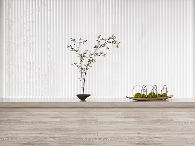 White Vertical Stripe Curtain with Small Potted Plant and Fruit Tray 3d model