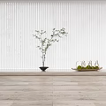 White Vertical Stripe Curtain with Small Potted Plant and Fruit Tray