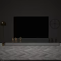 Modern TV Background Wall With Gray Surface Black TV White Stand Golden Ornaments And Circular Decor