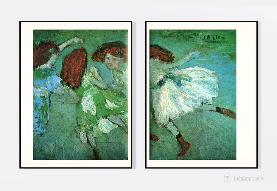 Figure Paintings Of Red Haired Children Playing Dancing With Green Background White Dress Blue Clothing 3d model 