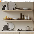 Minimalist Modern Kitchenware Display On Wooden Shelves 3d model