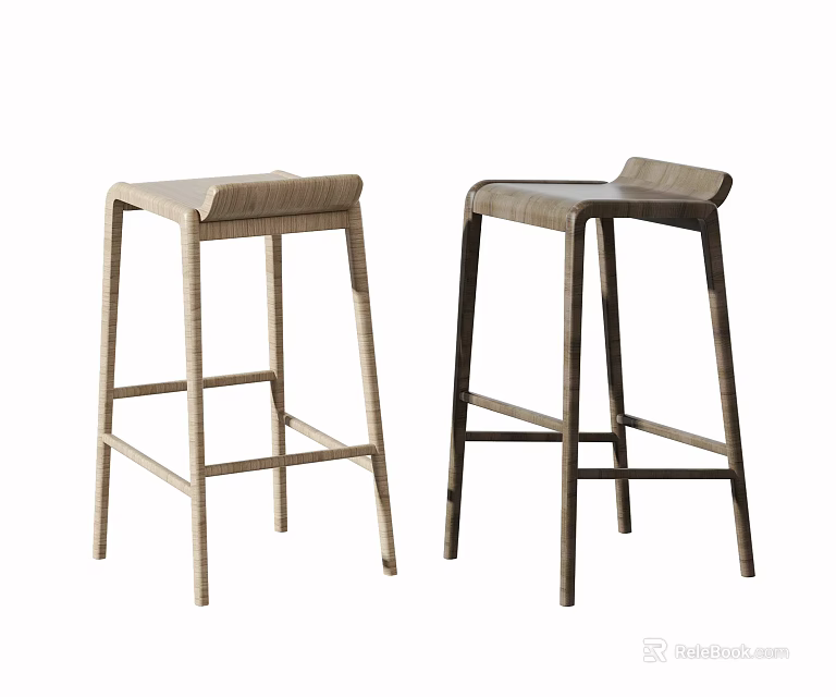 Modern Bar Stools With Rattan Seats Wooden Frames Backrest And Light Dark Color Tones 3d model 