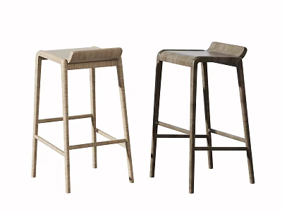 Modern Bar Stools With Rattan Seats Wooden Frames Backrest And Light Dark Color Tones 3d model