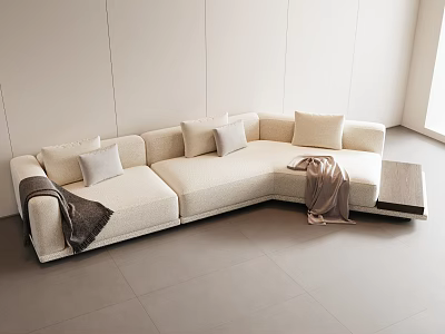 Beige Modern Minimalist Sectional Sofa With Cushions And Throw Blankets In Living Room 3d model