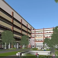 Red Brick Multi Story School Building Featuring Outdoor Courtyard Lush Green Trees And Students