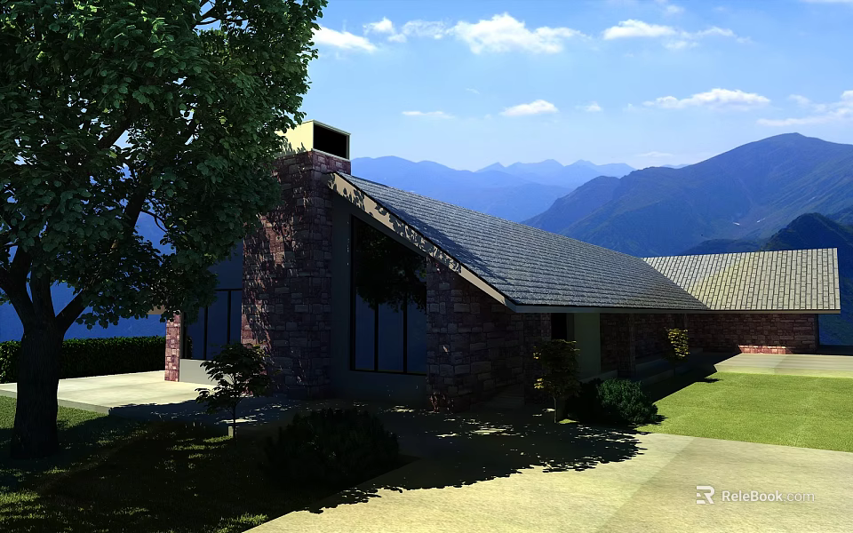 Stone Brick Building With Sloped Roof Surrounded By Trees Blue Sky And Mountains 3d model 