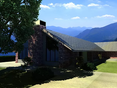 Stone Brick Building With Sloped Roof Surrounded By Trees Blue Sky And Mountains 3d model