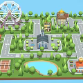 Vibrant Commercial Street with Ferris Wheel Lush Trees Lake Tennis Courts and Diverse Buildings