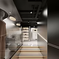 Modern Fashion Store with Glass Facade Interior Clothing Shoes Display Bright Lighting and Staircase
