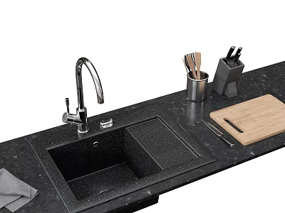 Modern Black Kitchen Sink with Faucet Cutting Board and Utensils on Countertop 3d model
