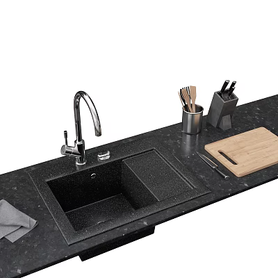 Modern Black Kitchen Sink with Faucet Cutting Board and Utensils on Countertop 3d model