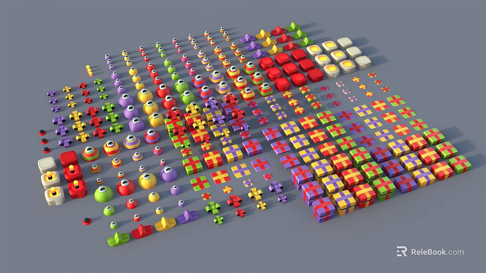 Colorful Decorative Ornament Set With Various Shapes Including Round Square Gift Box Neatly Arranged 3d model 