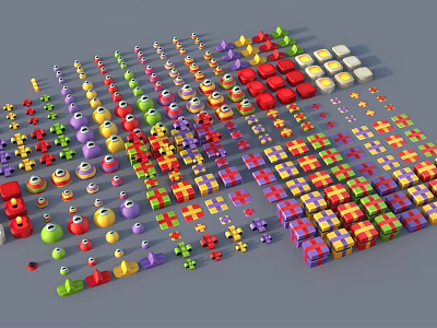 Colorful Decorative Ornament Set With Various Shapes Including Round Square Gift Box Neatly Arranged 3d model