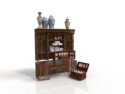 Traditional Wooden Display Cabinet With Decorative Vases Plates Wine Bottles And Open Wooden Case 3d model