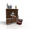 Traditional Wooden Display Cabinet With Decorative Vases Plates Wine Bottles And Open Wooden Case